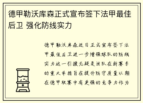 德甲勒沃库森正式宣布签下法甲最佳后卫 强化防线实力